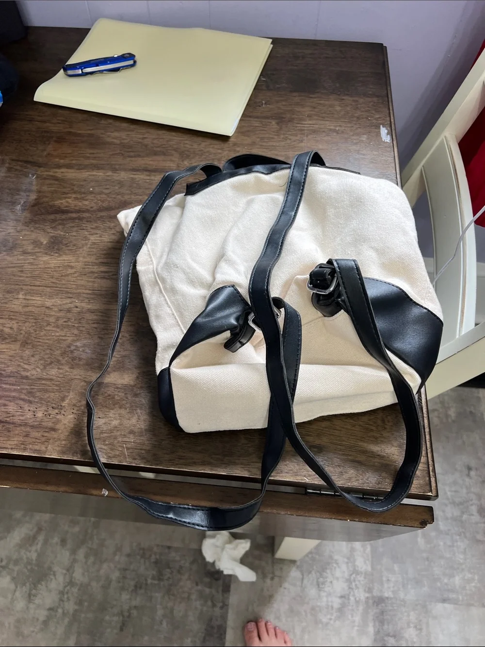 Canvas and Faux Leather Two-Tone Backpack - Cream and Black - Picture 3 of 5